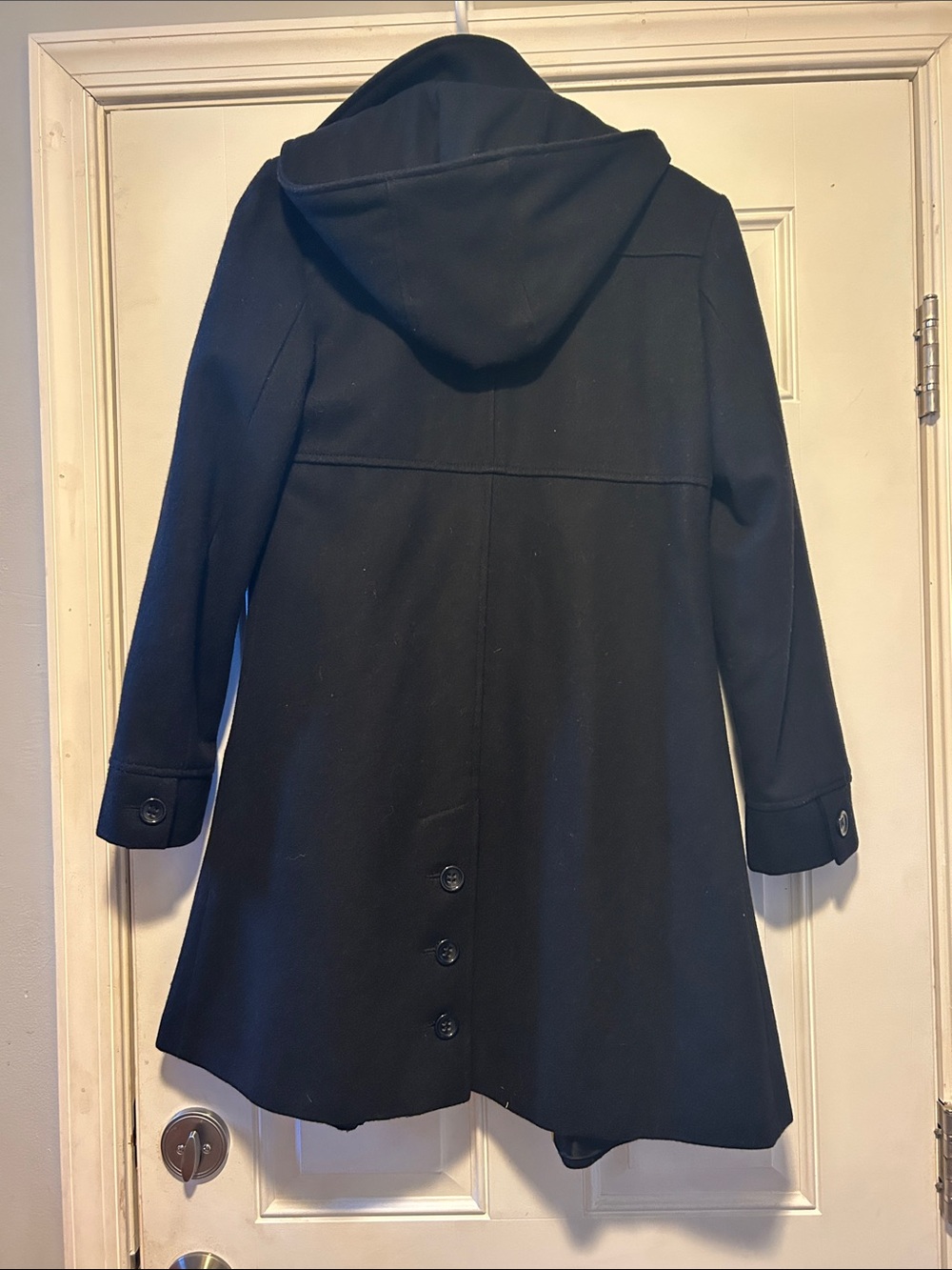 DKNY Black A-Line Wool Pea Coat with Stand Collar